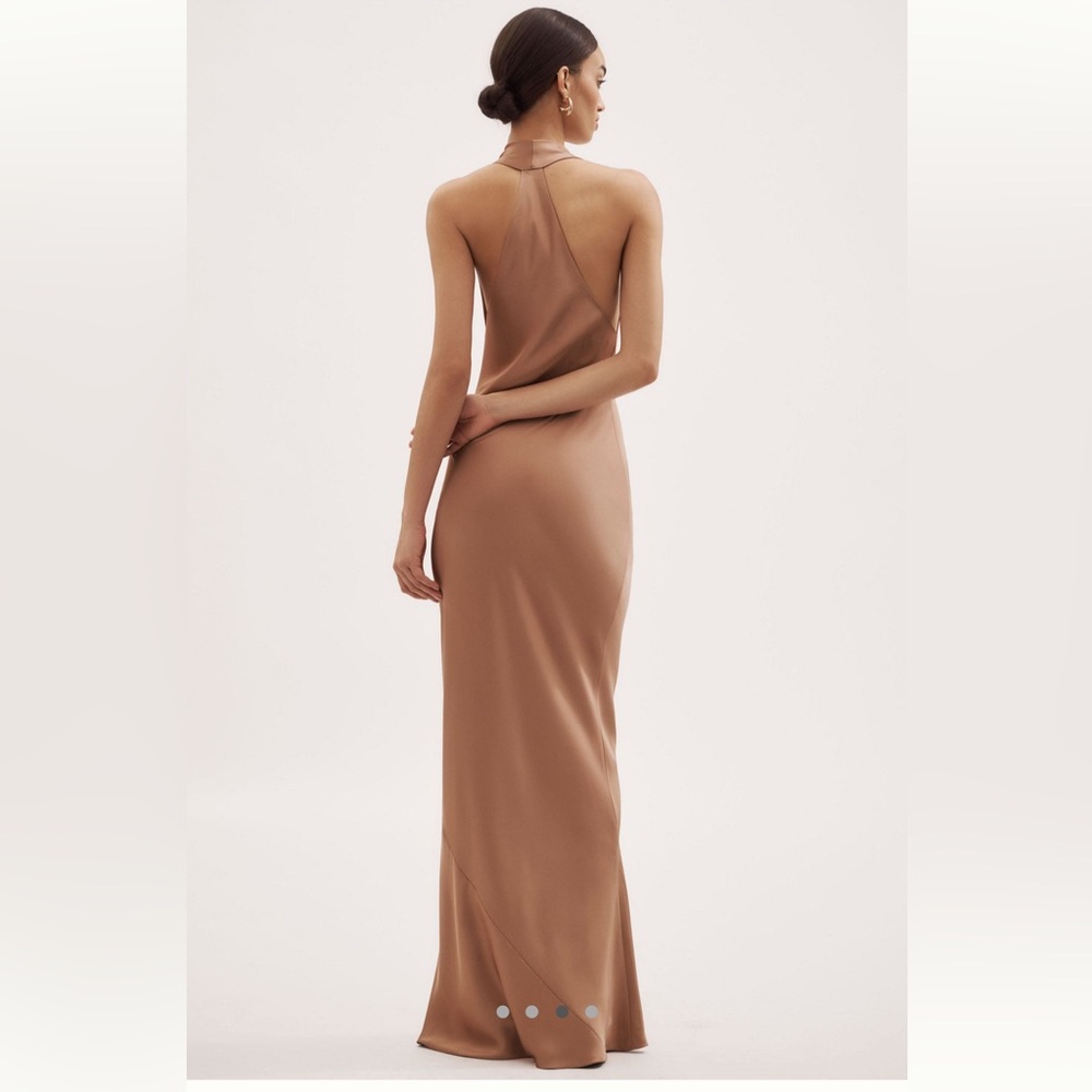 NWT Norma Kamali Halter Draped Cowl Neck Fishtail Maxi Dress Nude Cappuccino